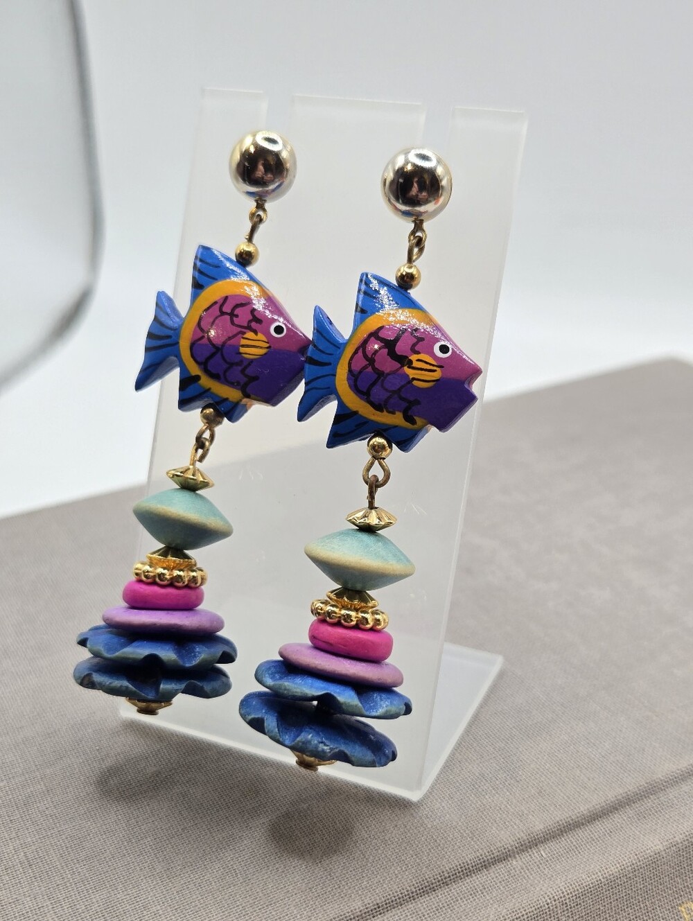 Vintage 90s Fish Earrings Studs Maximalist carved painted wood beads 80s